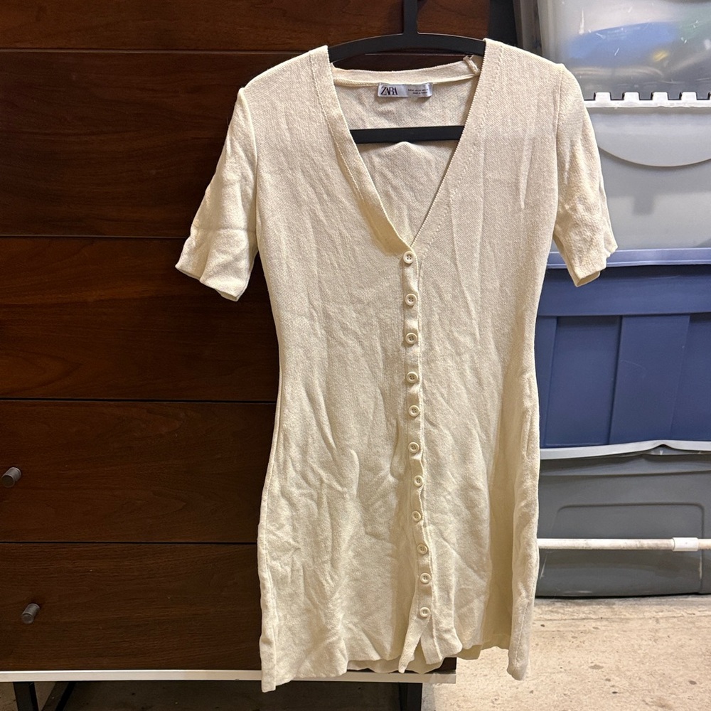 Zara Ivory Knit A-Line Dress with Buttons